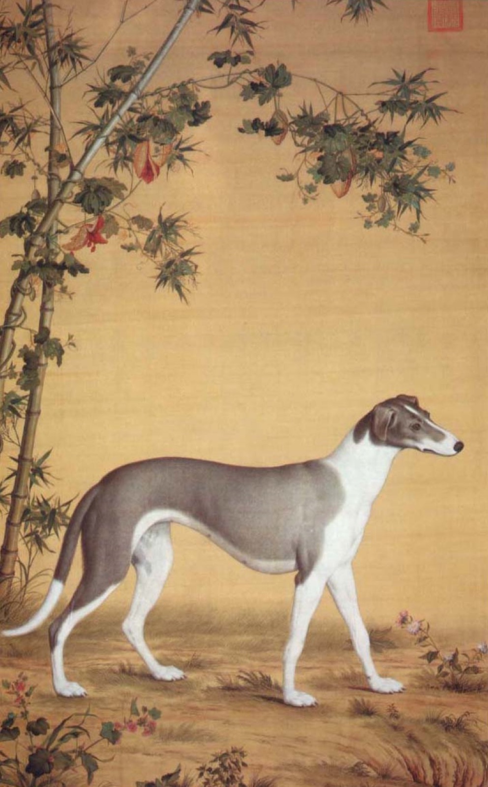 Qing dynasty painting of a slender Chinese hound standing beside bamboo